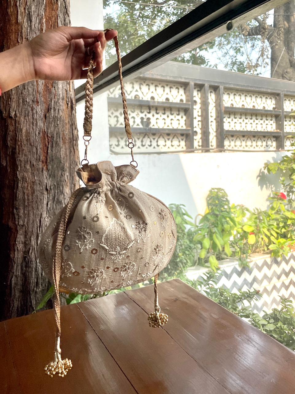 Natural Beige Raw Silk Chikankari Polti Bag