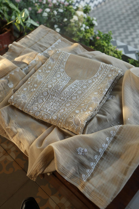 Natural Beige Shade Chanderi Silk Mukaish Badla Unstitched Fabric