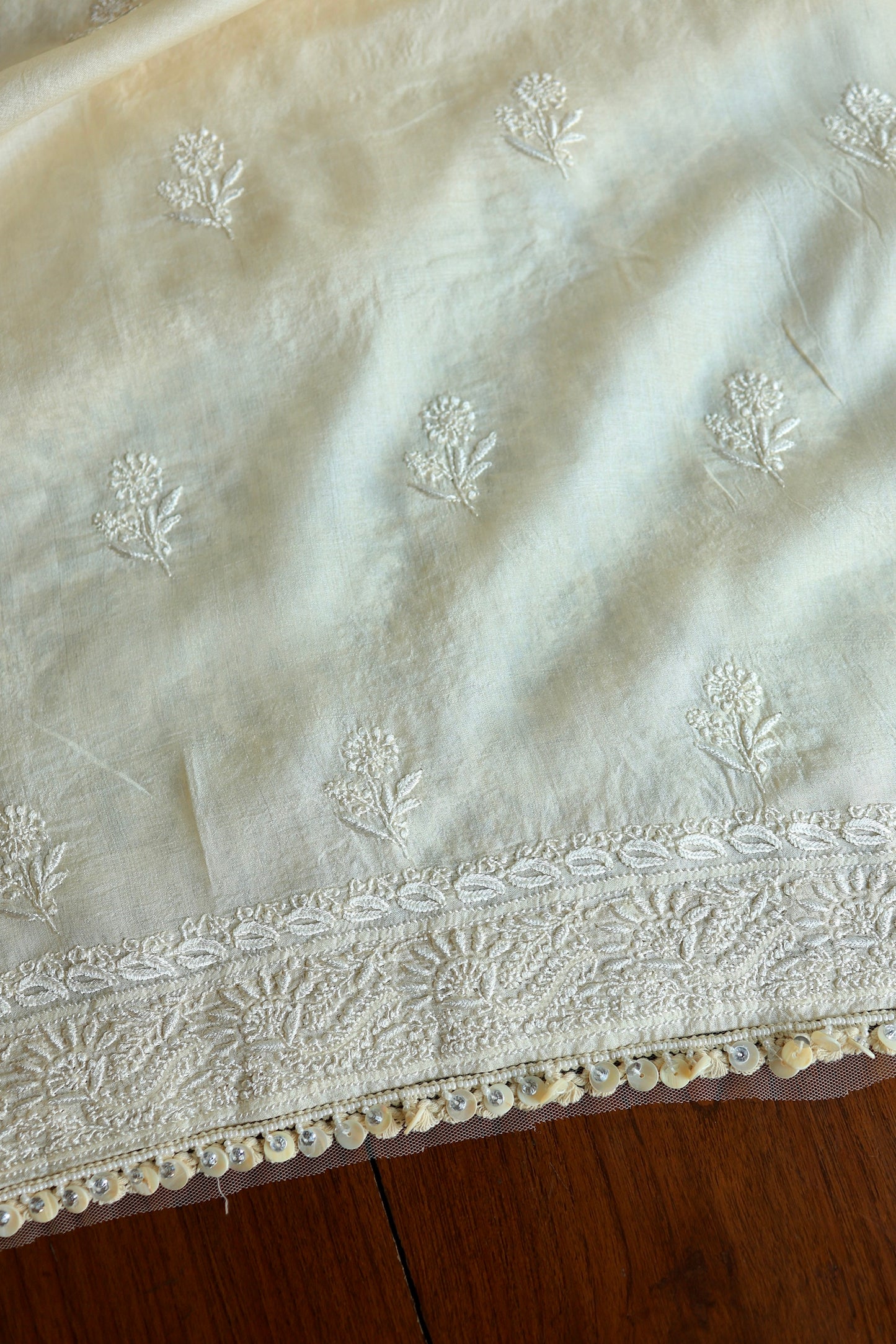 Natural Beige Shade Paper Tussar Resham Chikankari Unstitched Kurta Dupatta Set