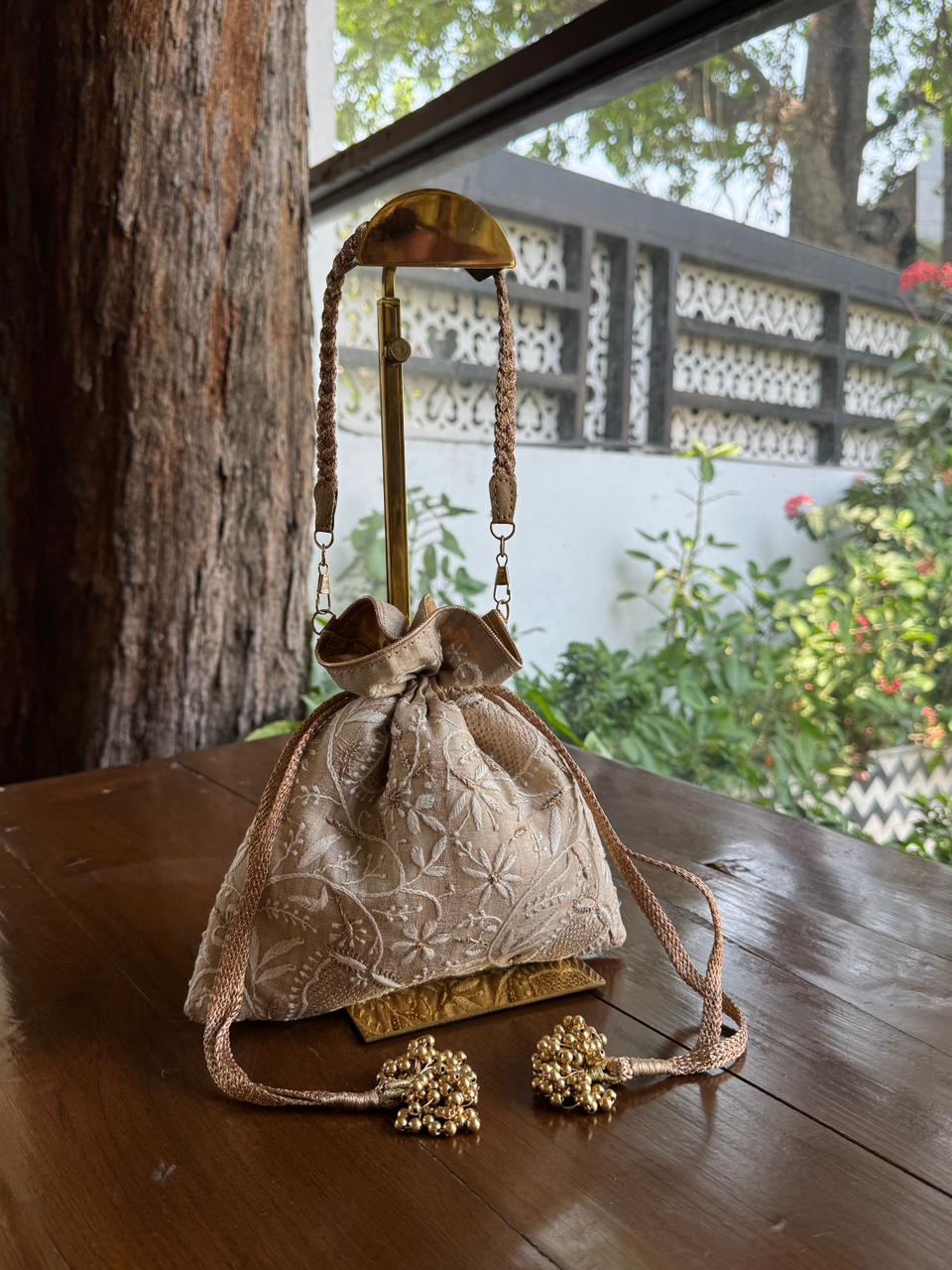 Natural Beige Shade Raw Silk Chikankari Polti Bag