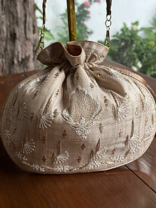 Natural Beige Silk Chikankari Ari & Kasab Work Potli Bag