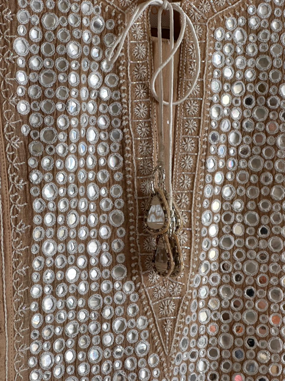 Natural Beige Soft Mulmul Mirror Work X Chikankari Kurta Set