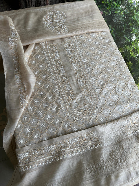 Natural Shade Tussar Silk All Over Front Chikankari Men’s Kurta Fabric