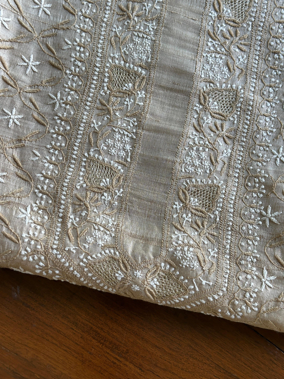 Beige Tussar Silk All Over Front Chikankari Men’s Kurta Fabric