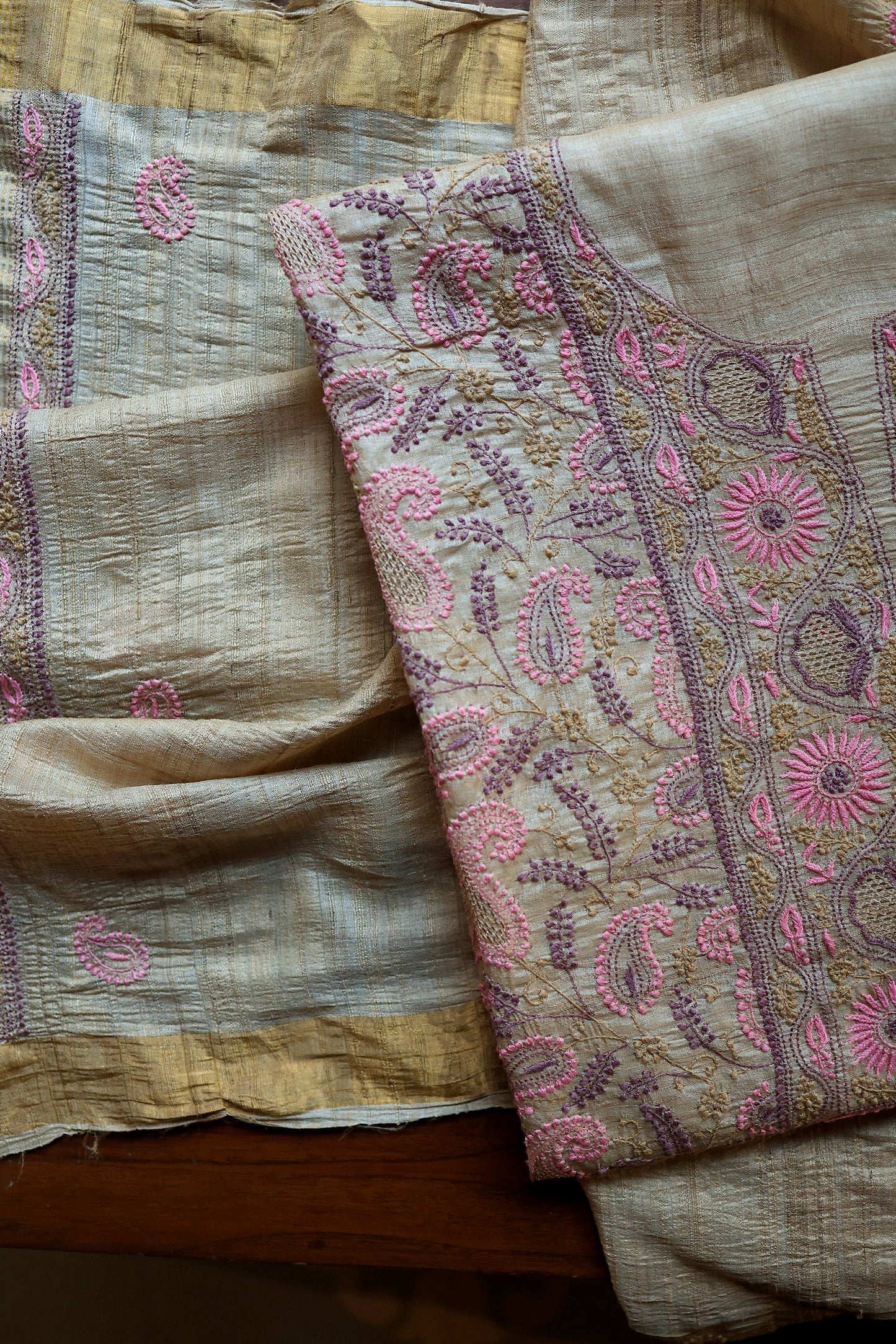 Natural Beige Tussar Silk Chikankari Fabric With Mukaish Kamdani