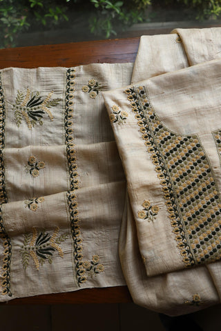Natural Beige Tussar Silk Chikankari Unstitched Kurta Dupatta Set
