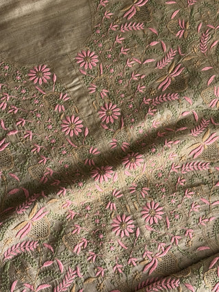 Natural Beige Tussar Silk Unstitched Kurta Dupatta Set with Multicolour Chikankari Embroidery