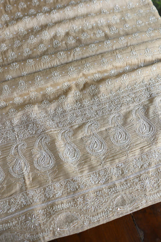 Natural Colour Tussar Silk Ari Embroidery Unstitched Kurta Dupatta Set