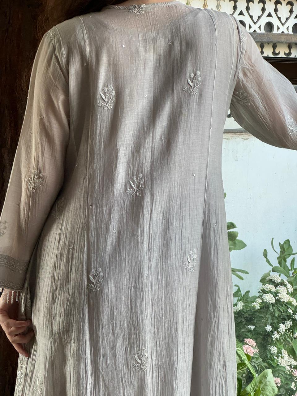Natural Grey Mal Chanderi Mukaish Kamdani Chikankari Anarkali