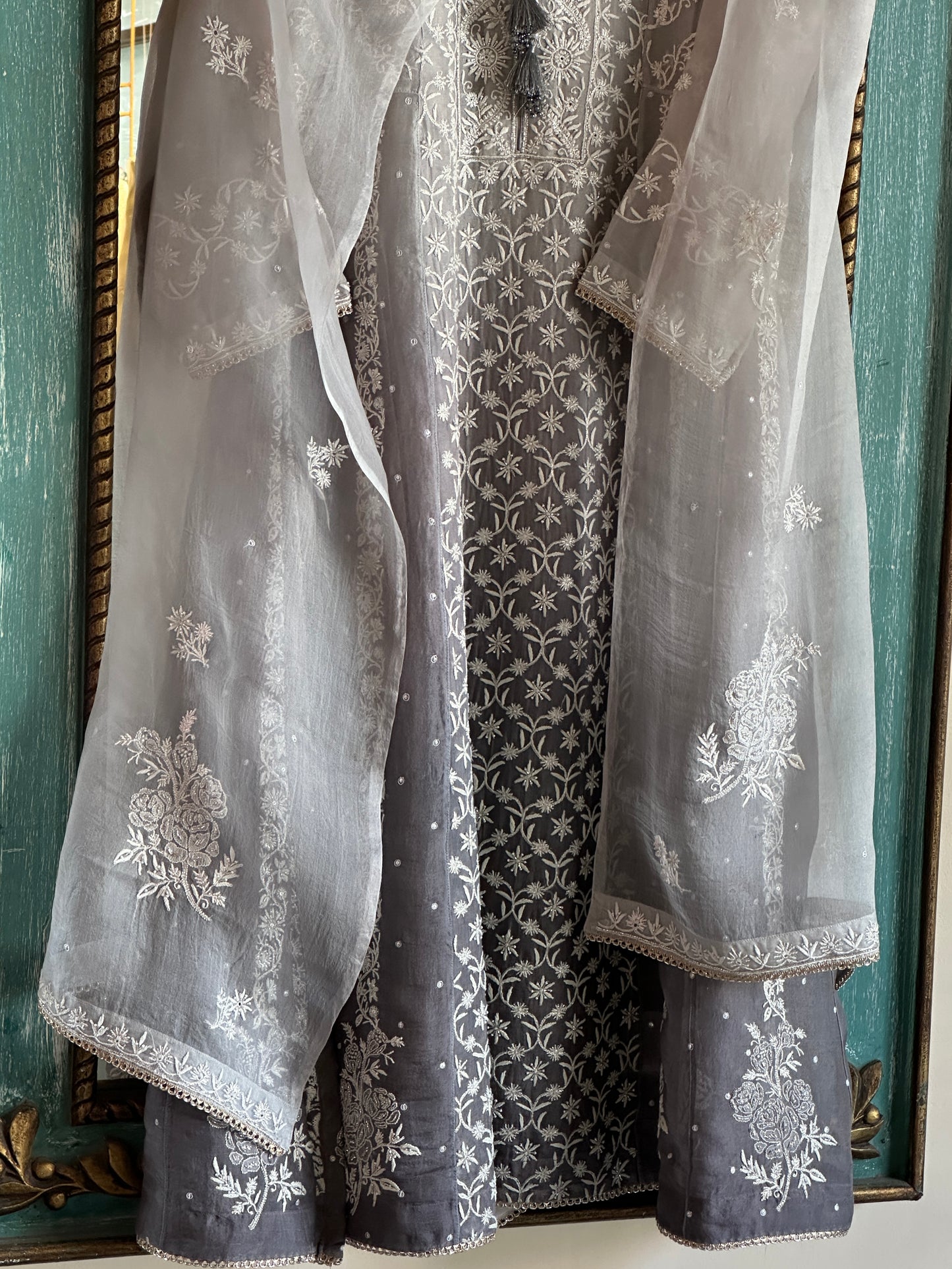 Natural Grey Ombre Shade Noor Organza Chikankari Anarkali With Dupatta