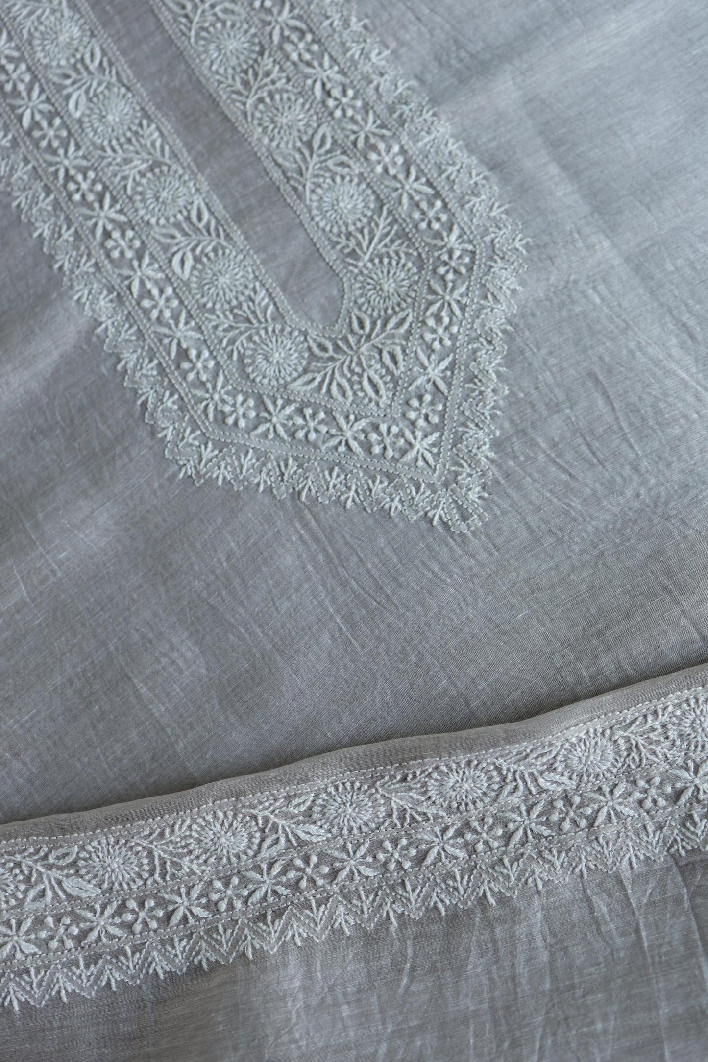 Natural Grey Shade Linen Chikankari Unstitched Men's Kurtas Fabric