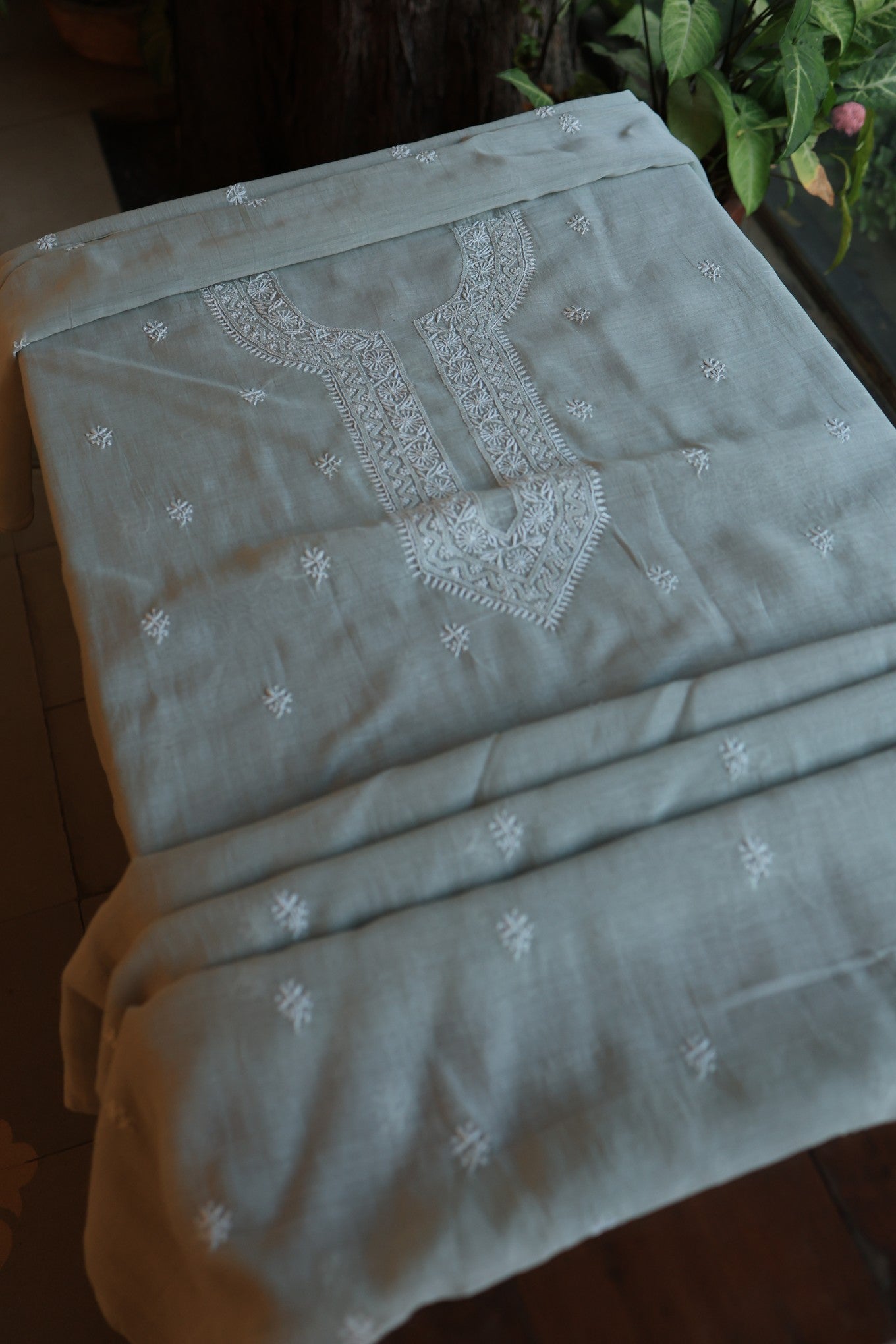 Natural Grey Shade Mulmul Chikankari Unstitched Men's Kurtas Fabric