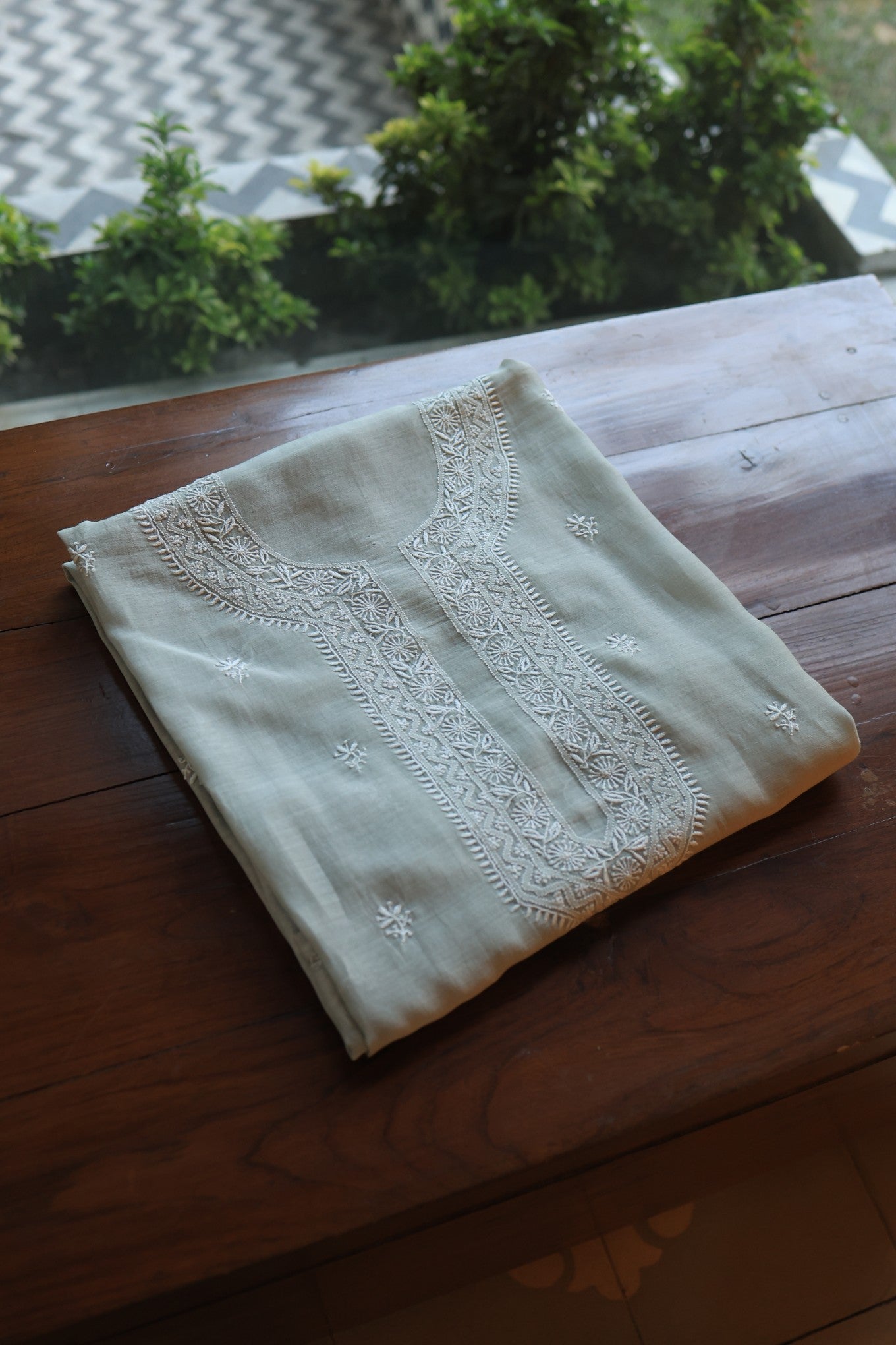 Natural Grey Shade Mulmul Chikankari Unstitched Men's Kurtas Fabric