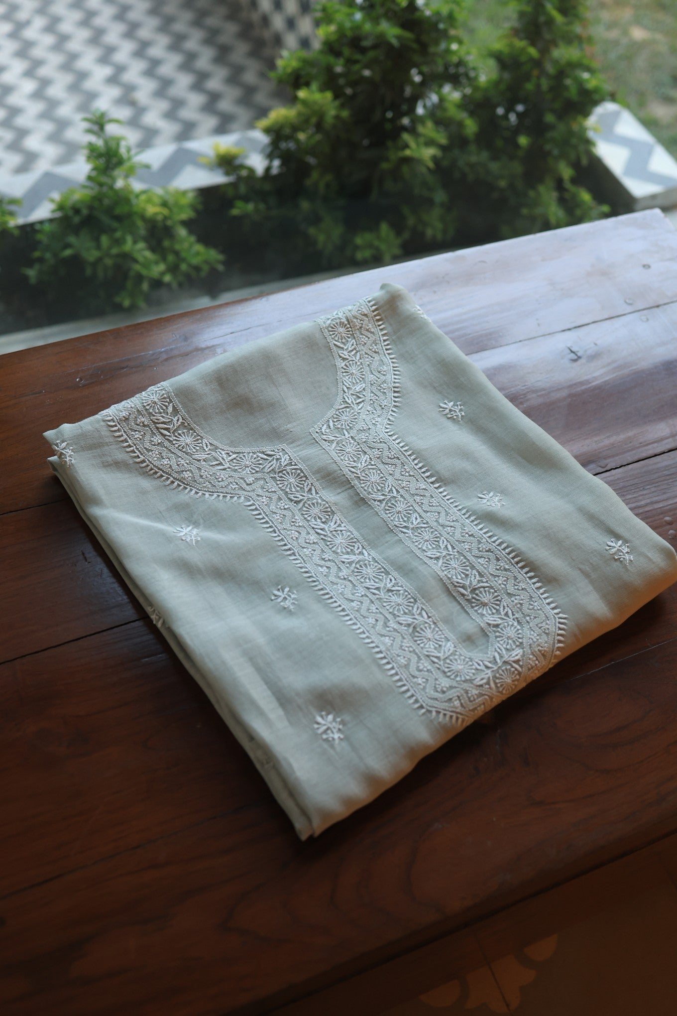 Natural Grey Shade Mulmul Chikankari Unstitched Men's Kurtas Fabric
