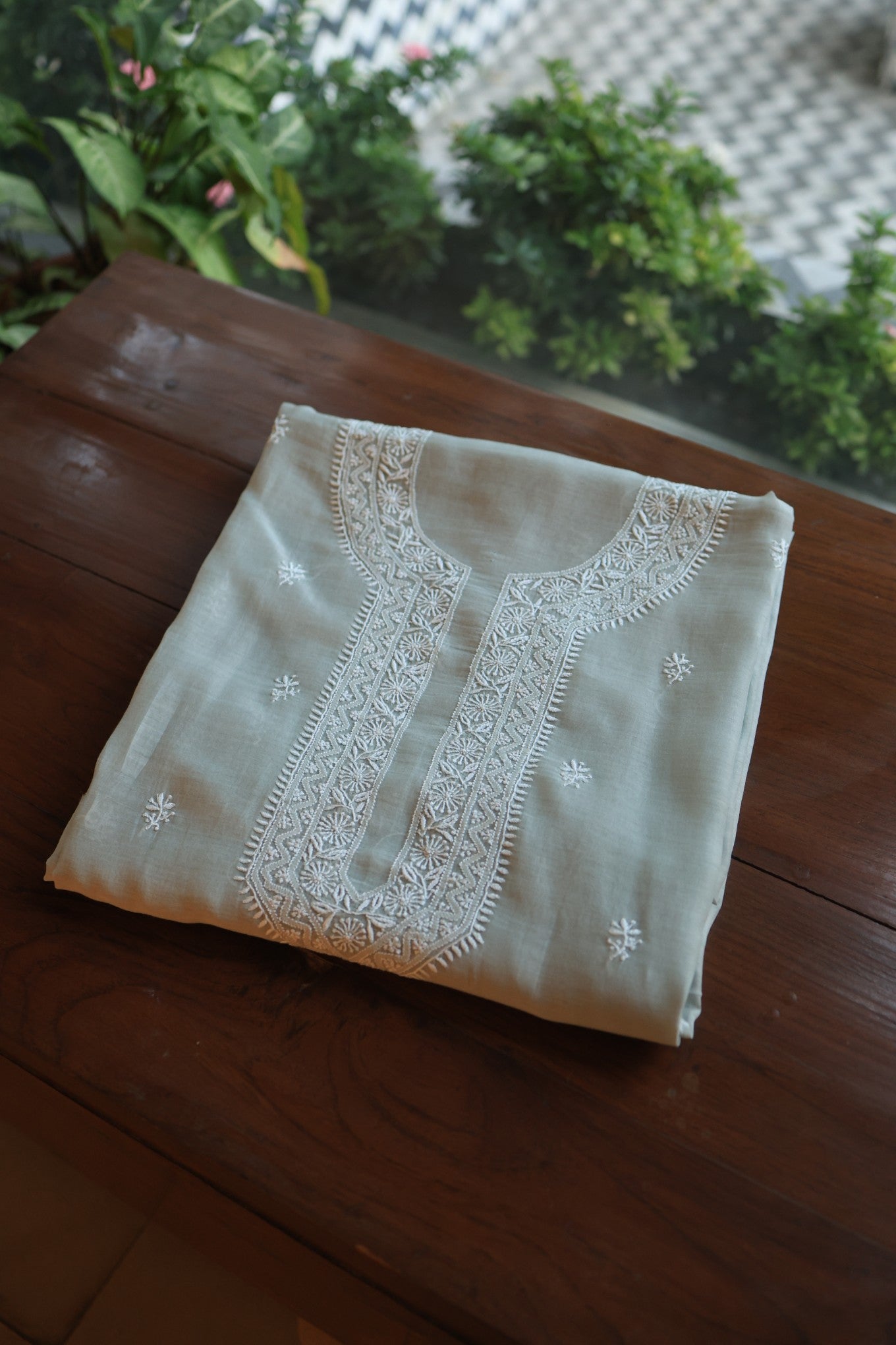 Natural Grey Shade Mulmul Chikankari Unstitched Men's Kurtas Fabric
