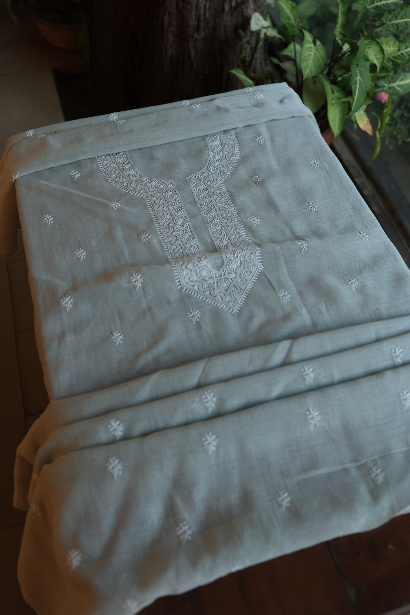 Natural Grey Shade Mulmul Chikankari Unstitched Men's Kurtas Fabric