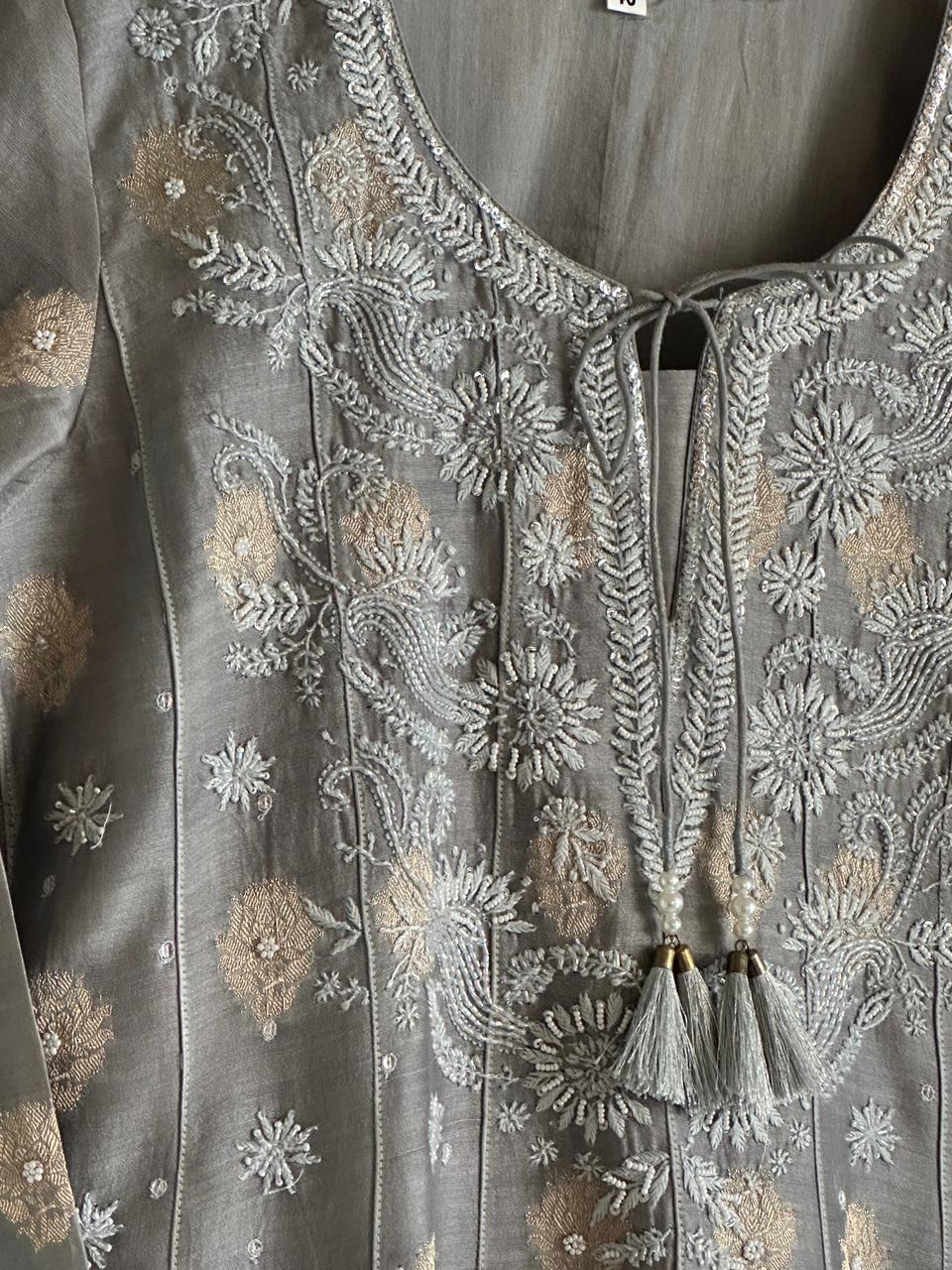 Natural Grey Zari Chanderi Chikankari Co-Ord Set