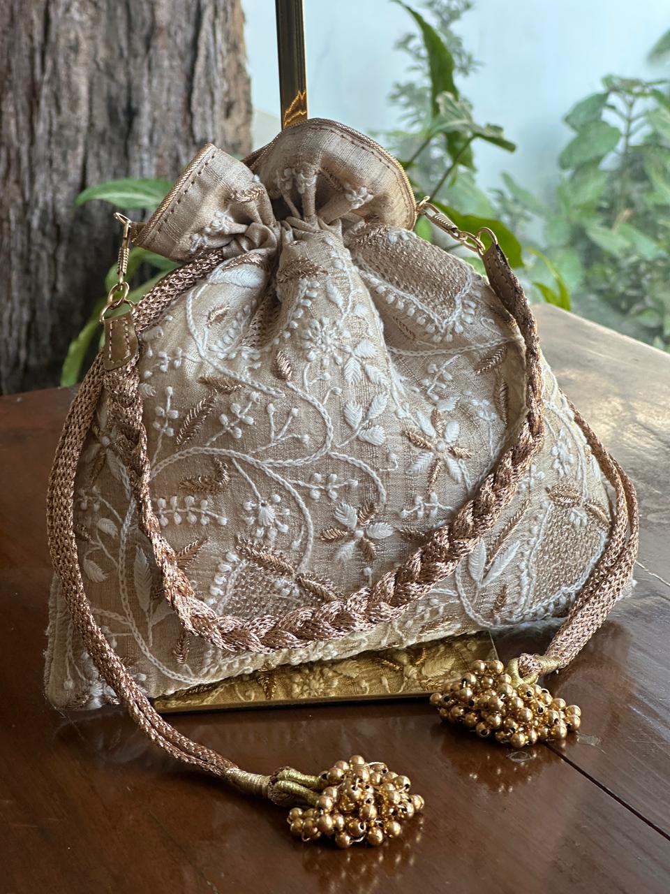 Natural Shade Raw Silk Chikankari Polti Bags