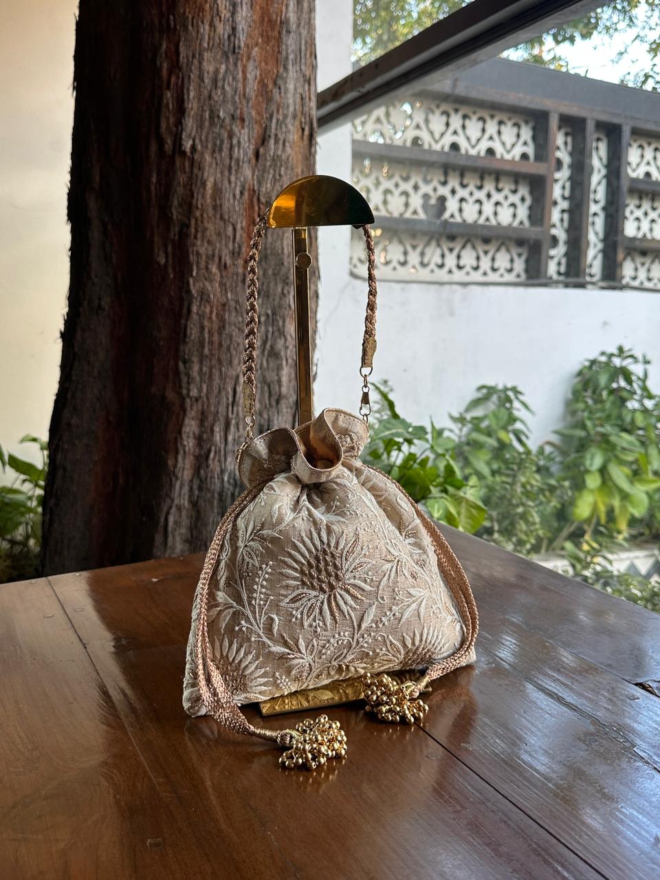 Natural Shade Raw Silk Chikankari Polti Bags