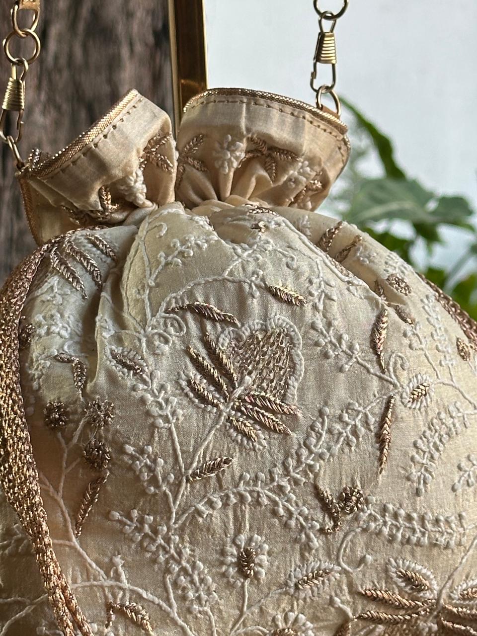 Natural Shade Raw Silk Chikankari Polti Bags