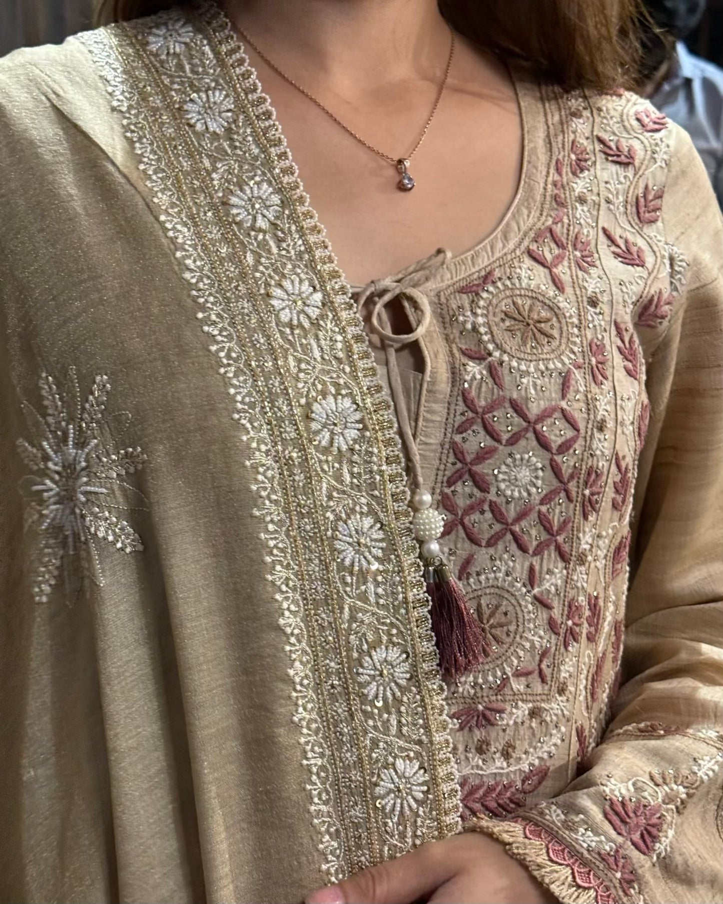 Natural Shade Fine Chikankari Ari Tissue Silk Dupatta