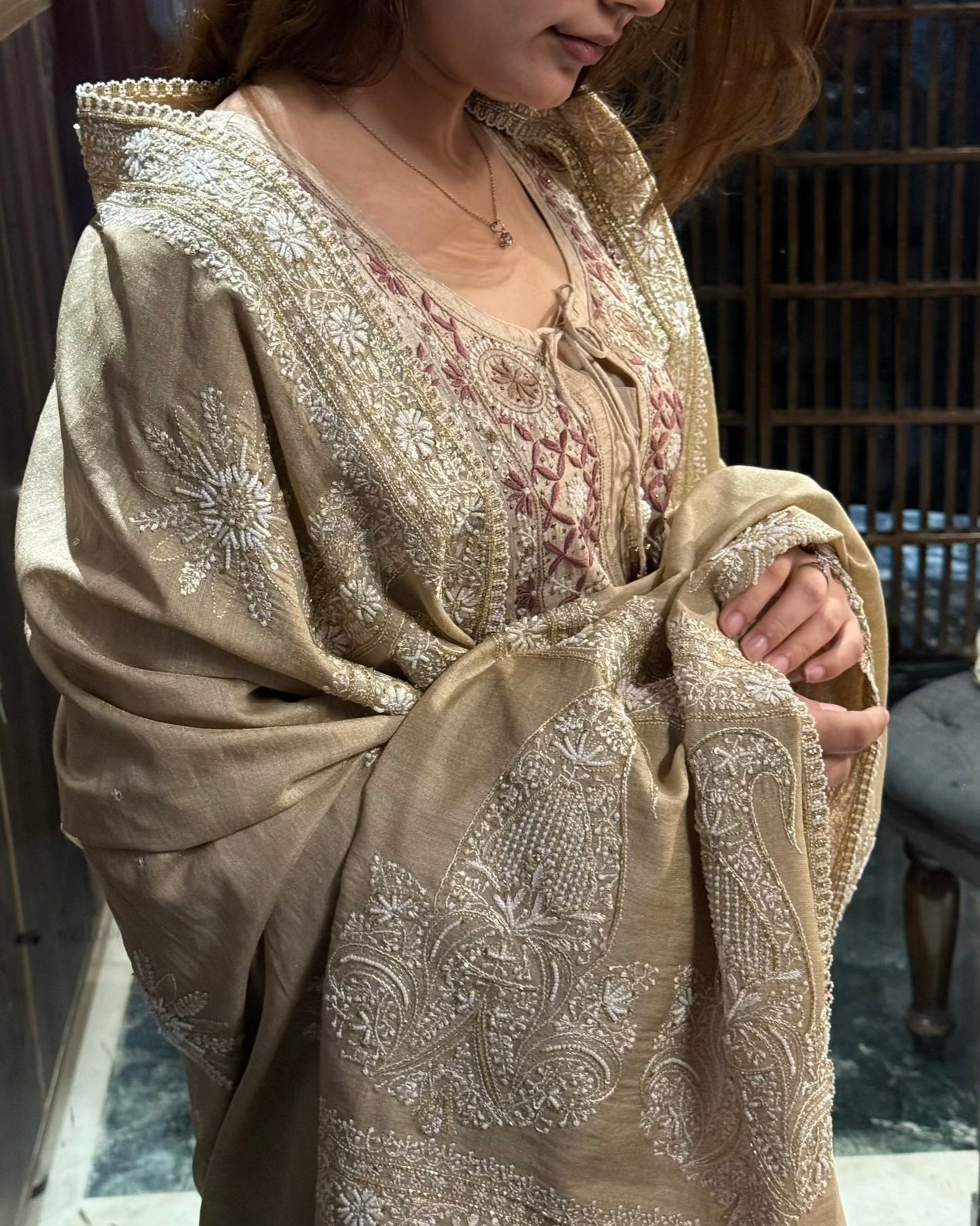 Natural Shade Fine Chikankari Ari Tissue Silk Dupatta