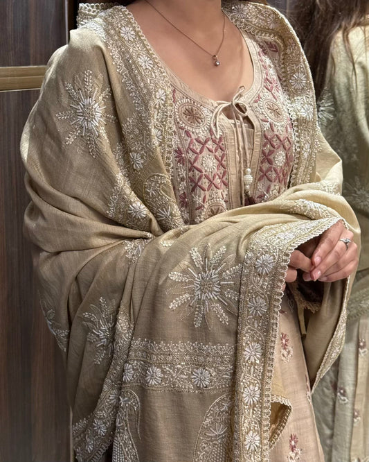 Natural Beige Shade Fine Chikankari Ari Tissue Silk Dupatta