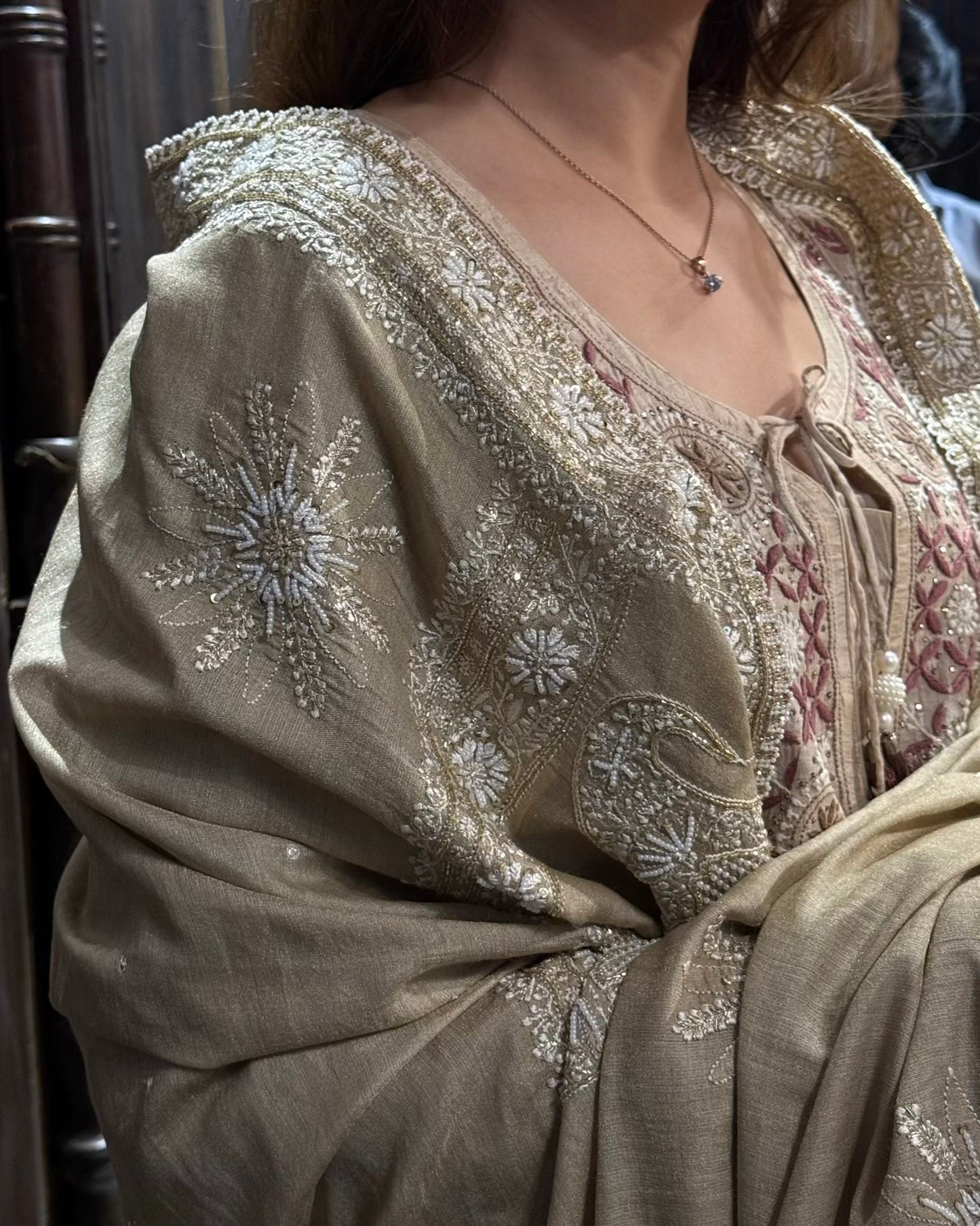 Natural Shade Fine Chikankari Ari Tissue Silk Dupatta