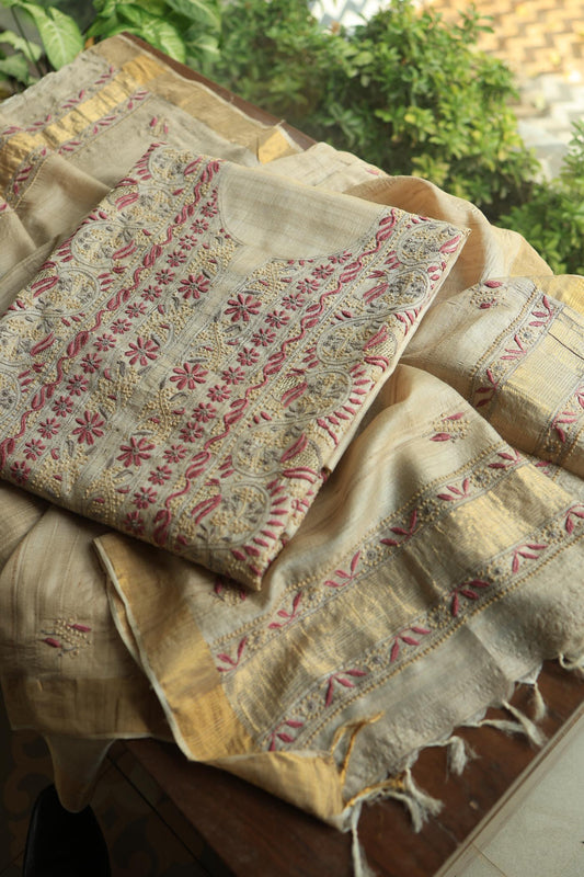 Natural Shade Tussar Silk Chikankari Fabric
