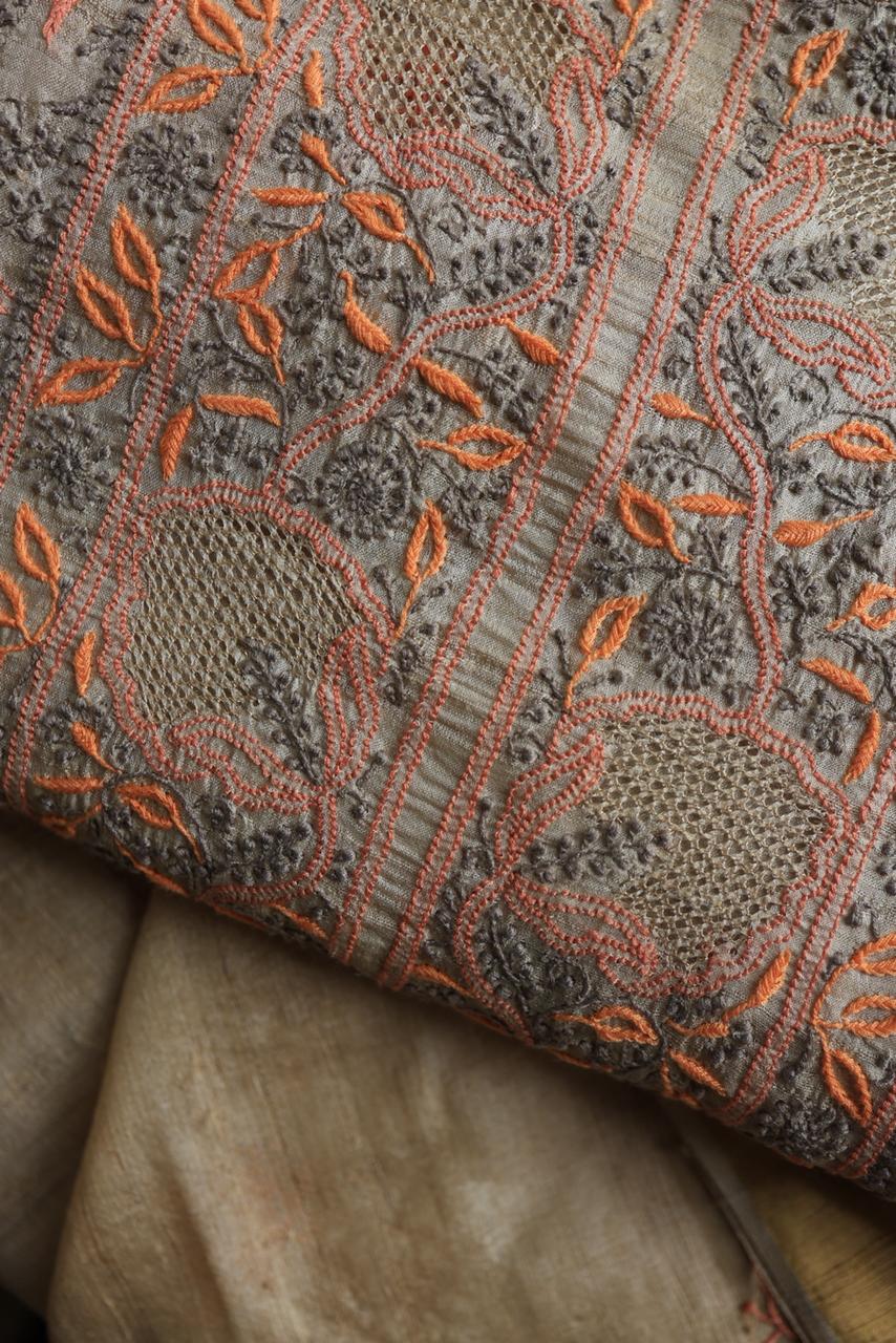 Grey & Orange Natural Shade Tussar Silk Chikankari Fabric