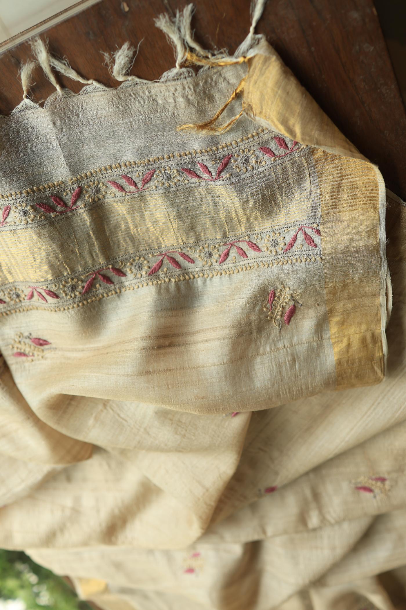 Natural Shade Tussar Silk Chikankari Fabric