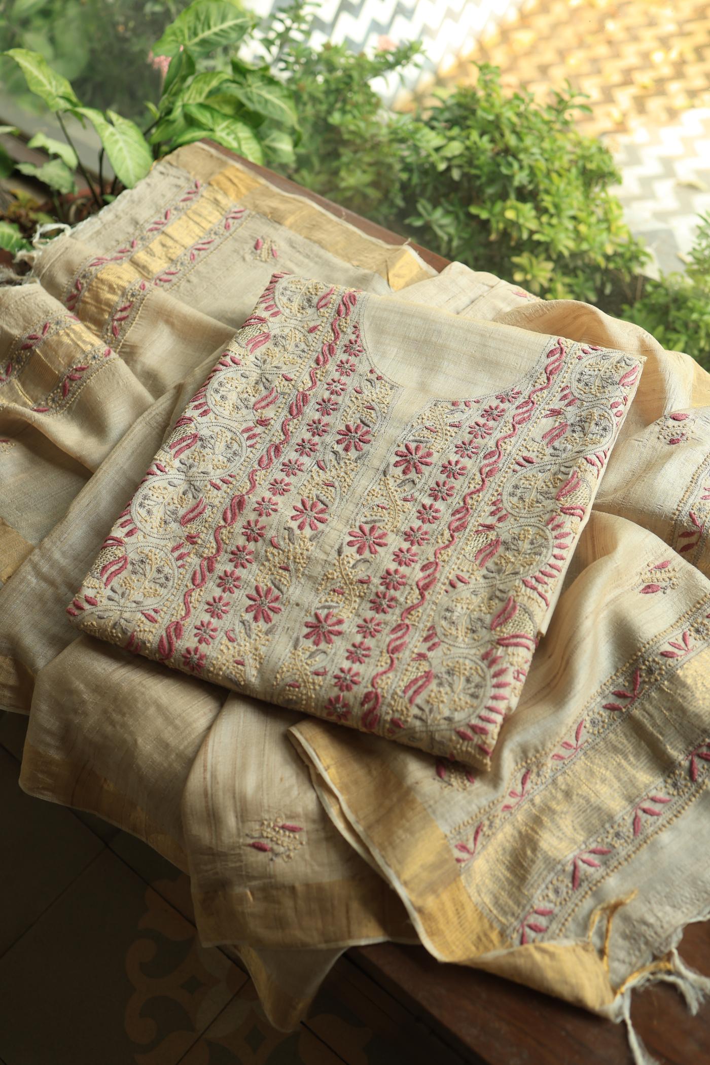 Natural Shade Tussar Silk Chikankari Fabric
