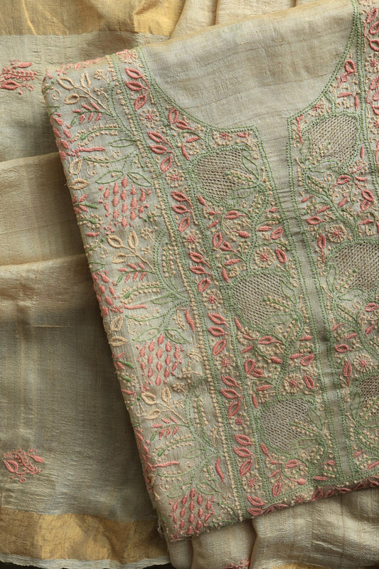 Natural Shade Tussar Silk Chikankari Fabric