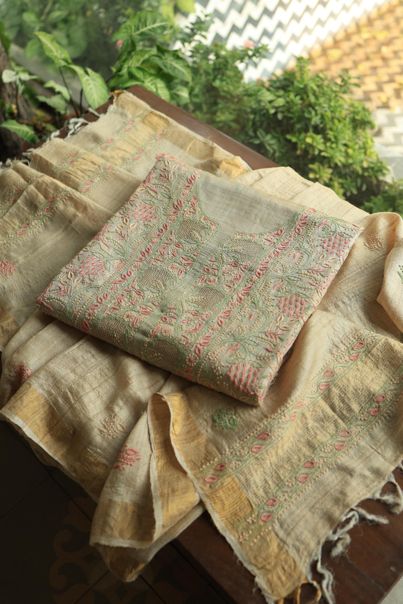 Natural Shade Tussar Silk Chikankari Fabric