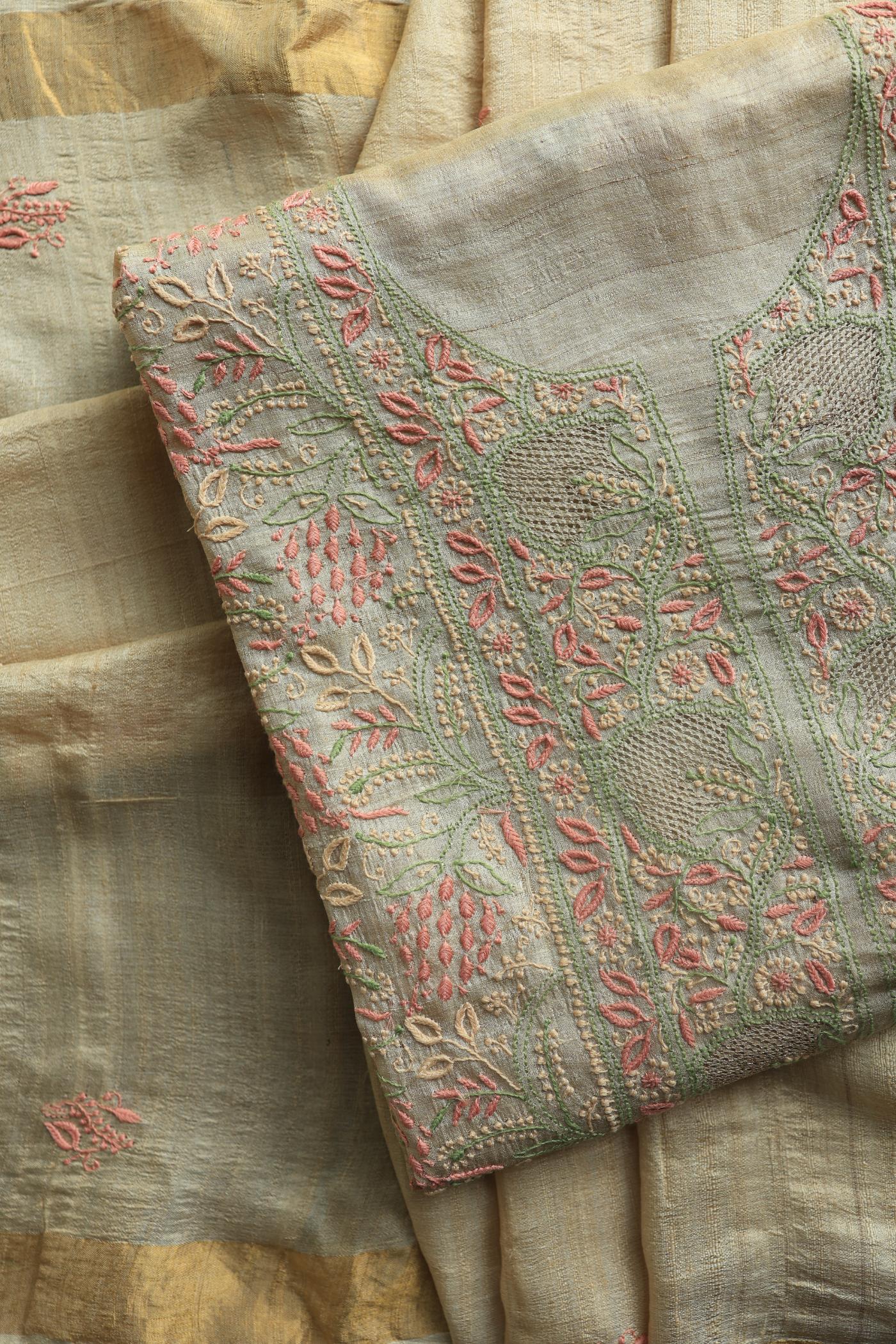 Natural Shade Tussar Silk Chikankari Fabric