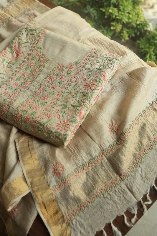 Natural Shade Tussar Silk Chikankari Fabric