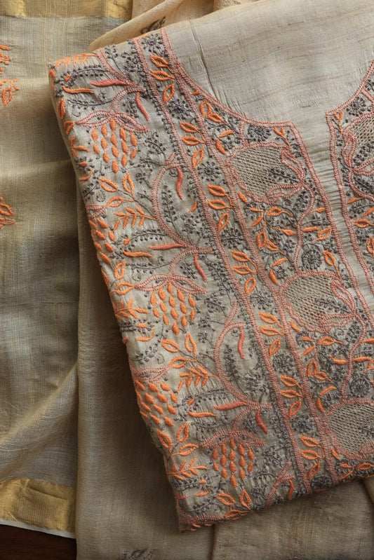 Natural Shade Tussar Silk Chikankari Fabric