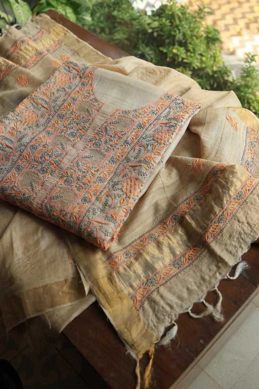 Natural Shade Tussar Silk Chikankari Fabric