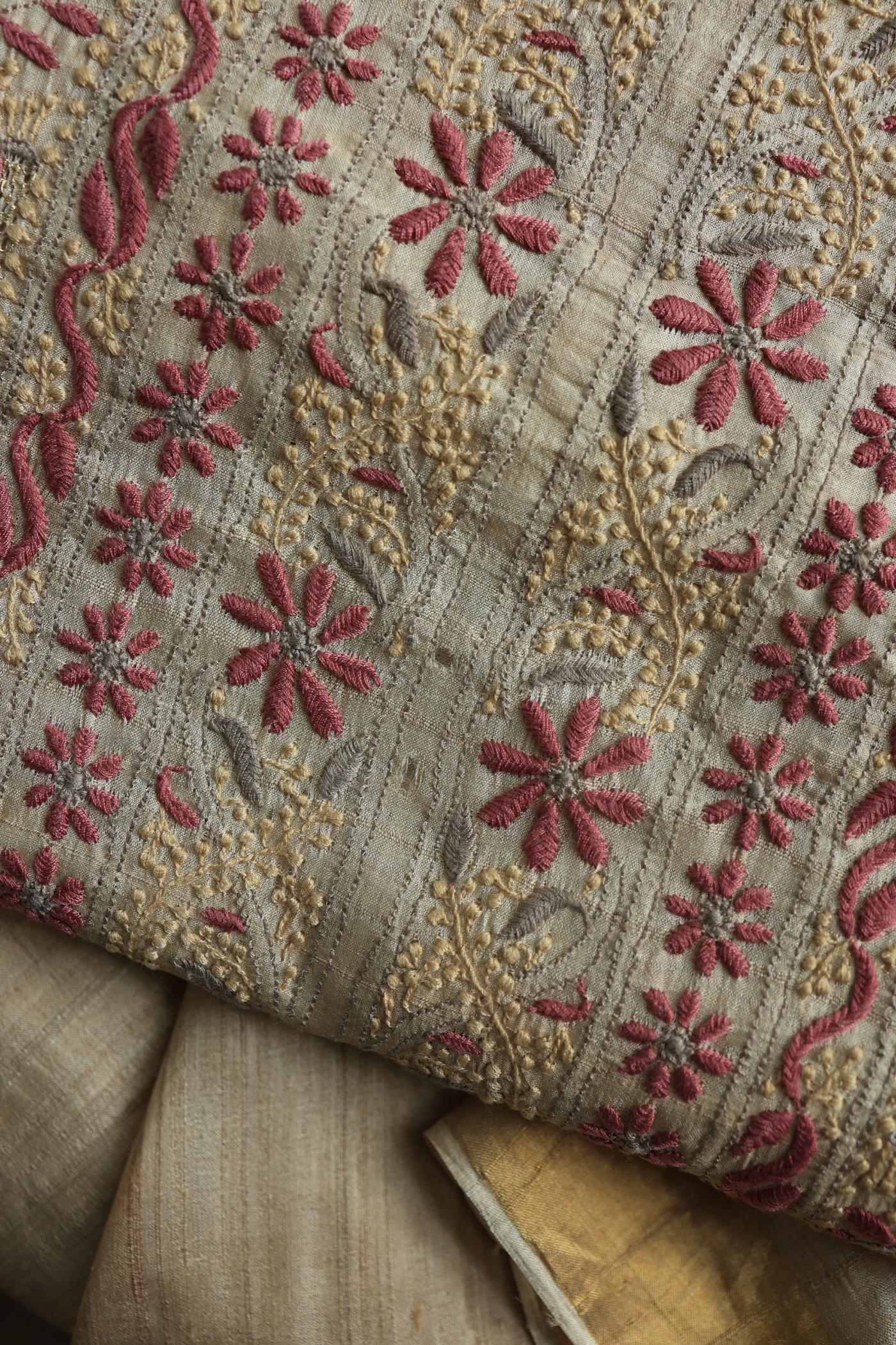 Natural Shade Tussar Silk Chikankari Fabric