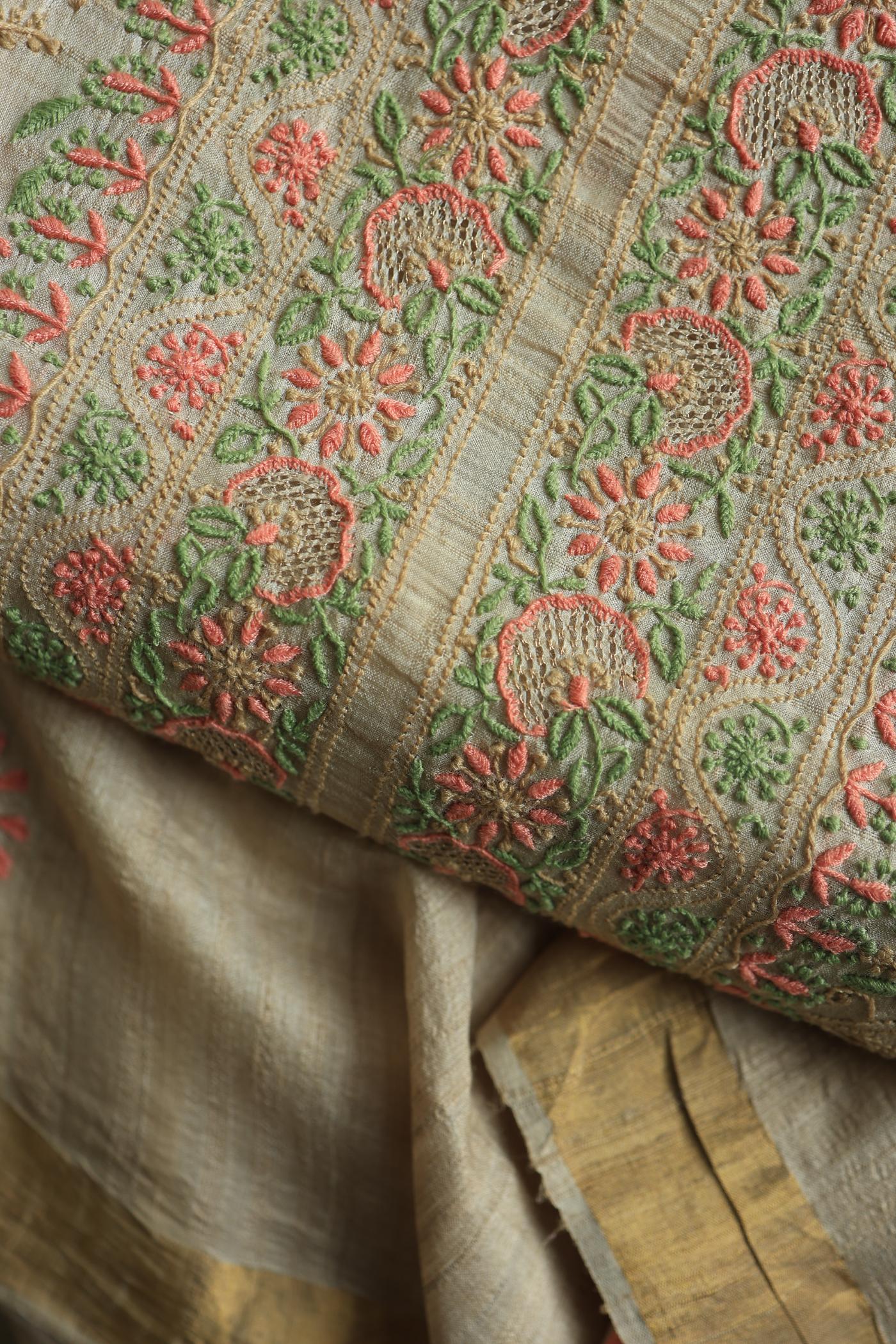 Natural Shade Tussar Silk Chikankari Fabric