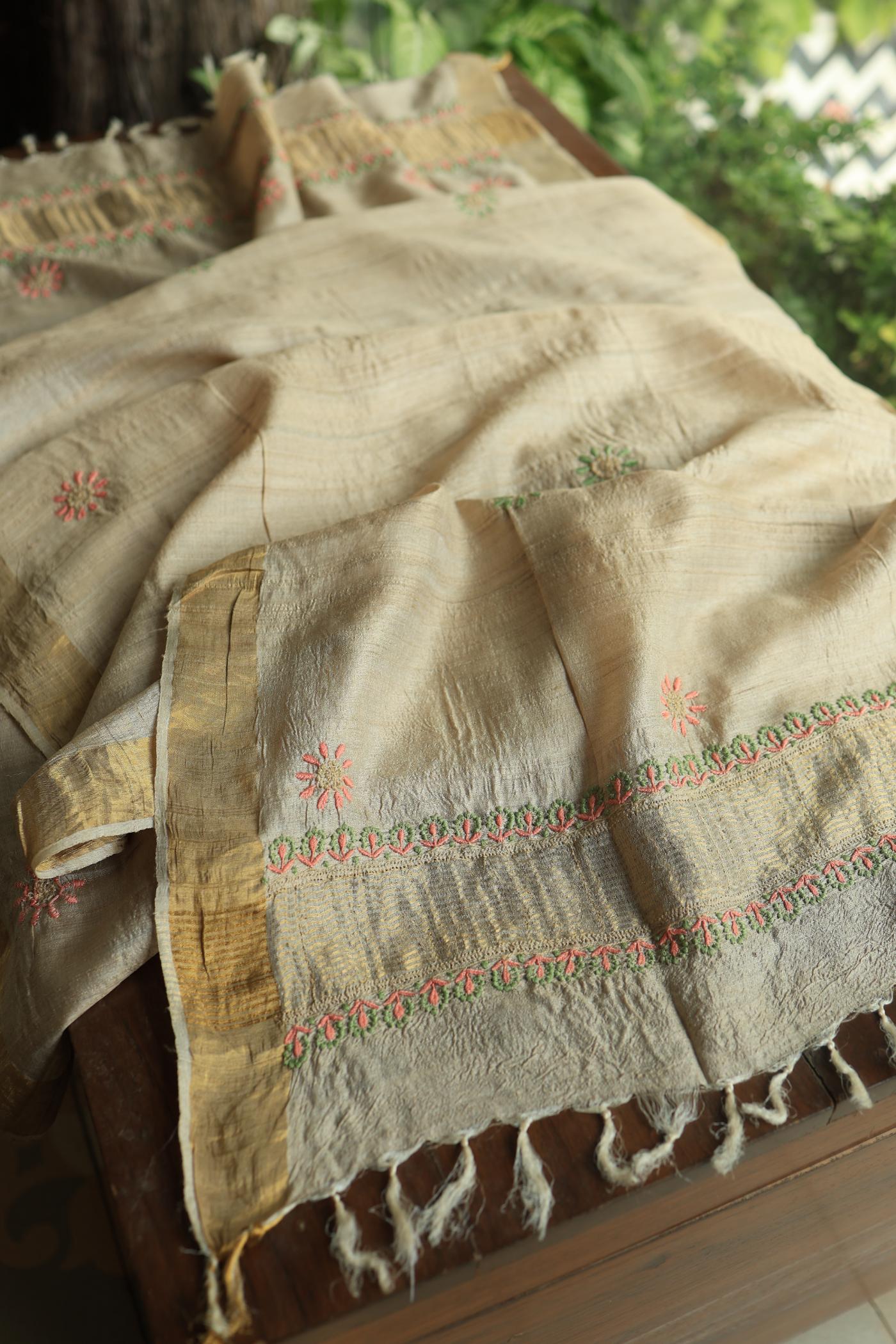 Natural Shade Tussar Silk Chikankari Fabric