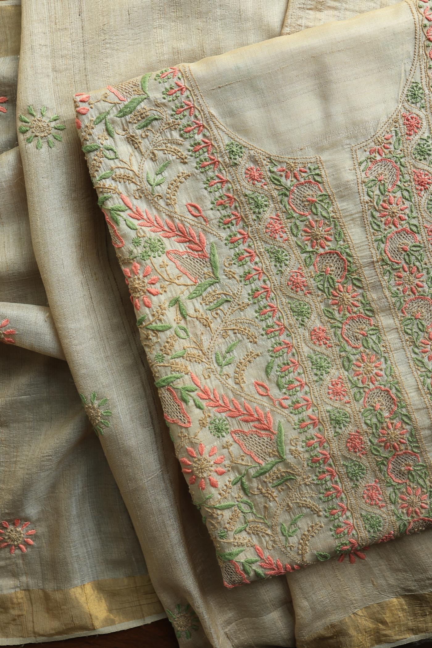 Natural Shade Tussar Silk Chikankari Fabric