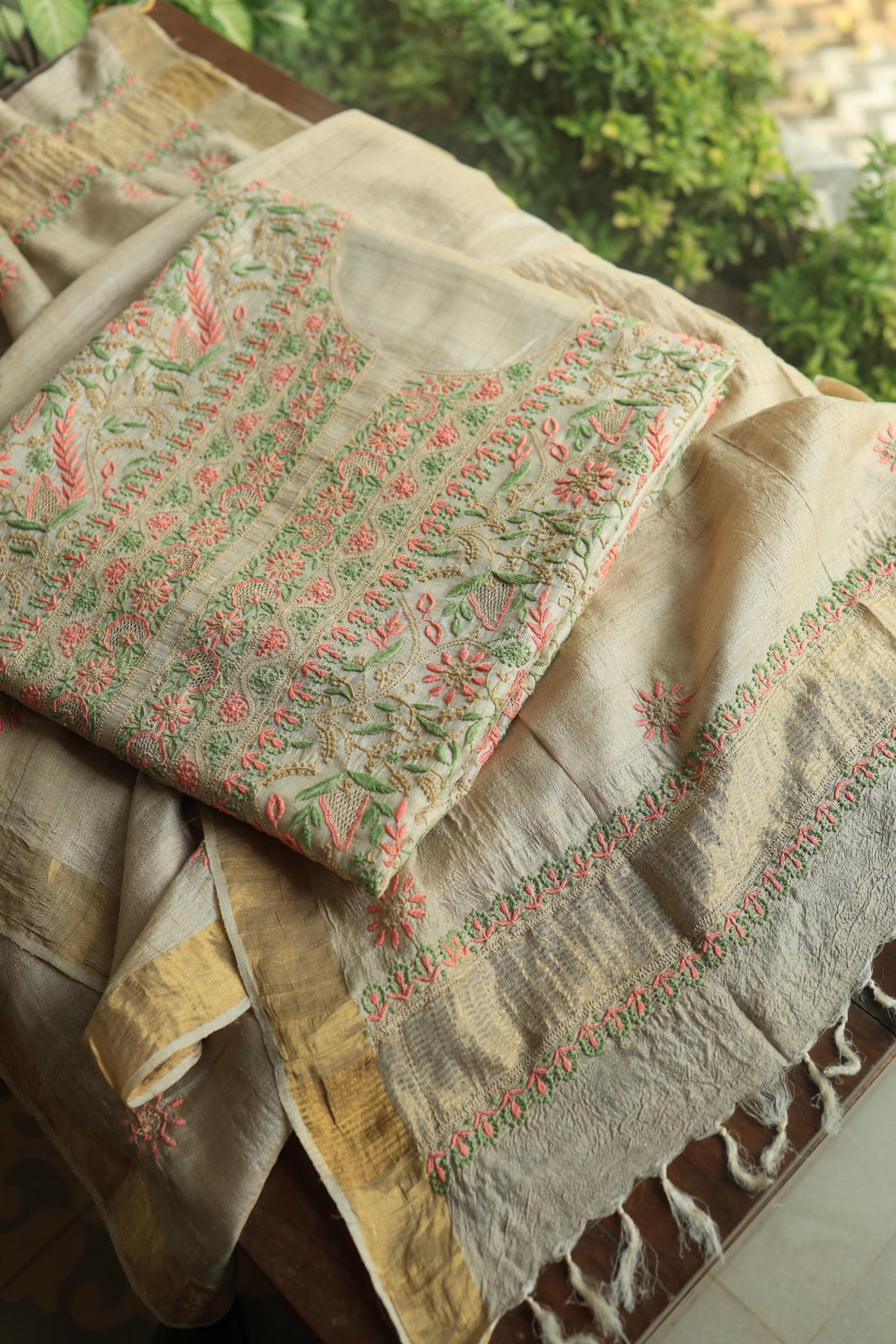 Natural Shade Tussar Silk Chikankari Fabric