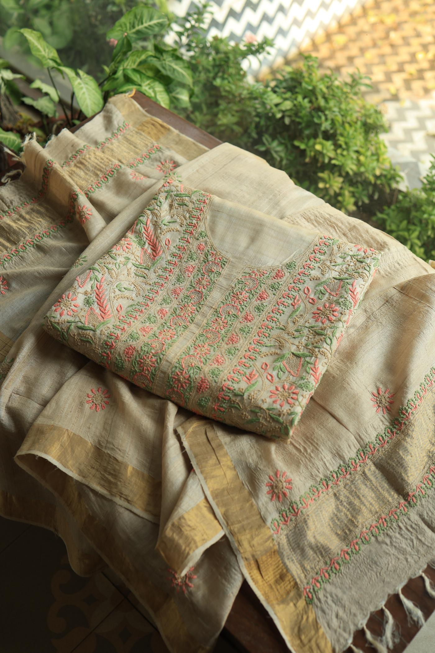 Natural Shade Tussar Silk Chikankari Fabric