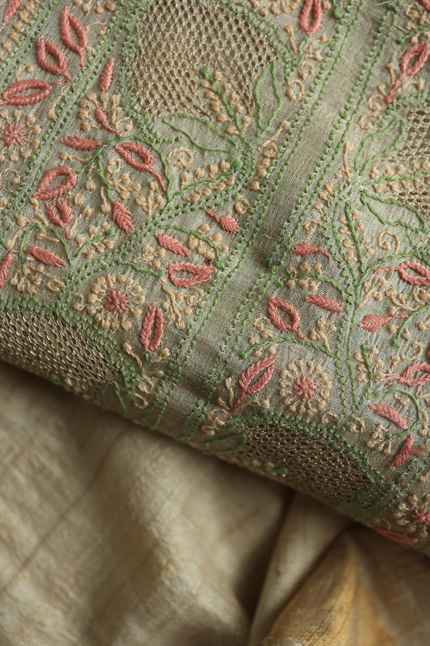 Natural Shade Tussar Silk Chikankari Fabric