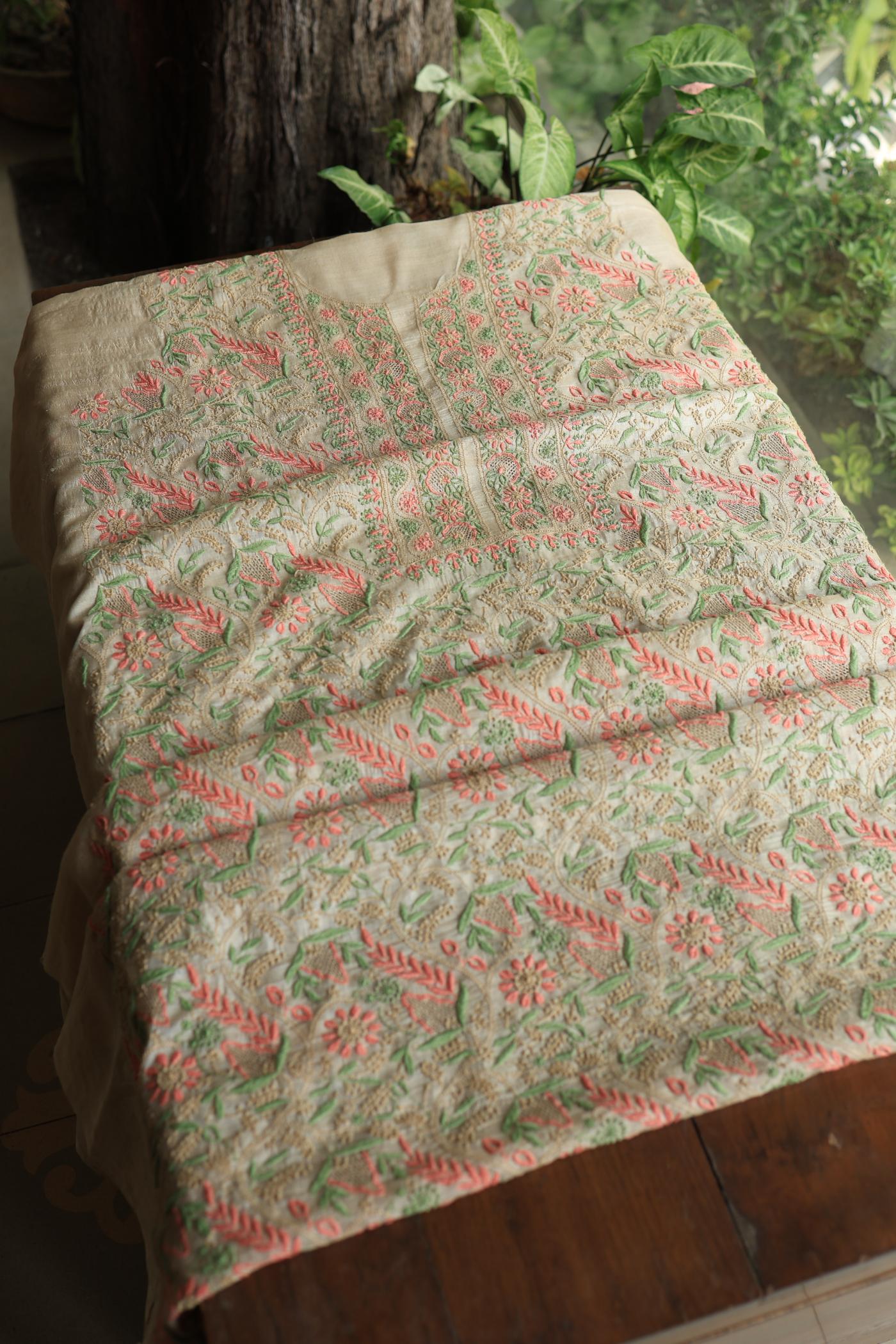 Natural Shade Tussar Silk Chikankari Fabric