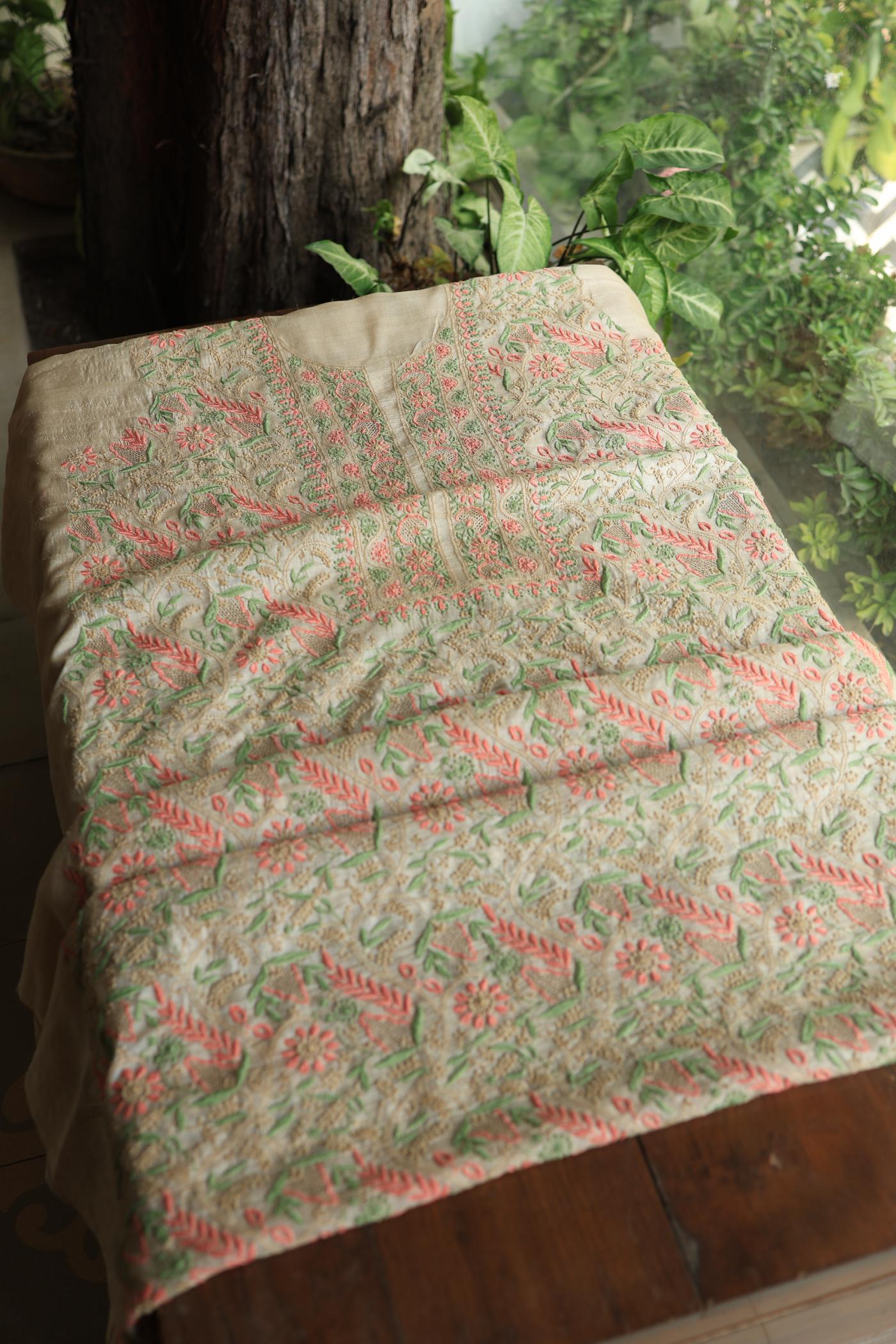 Natural Shade Tussar Silk Chikankari Fabric