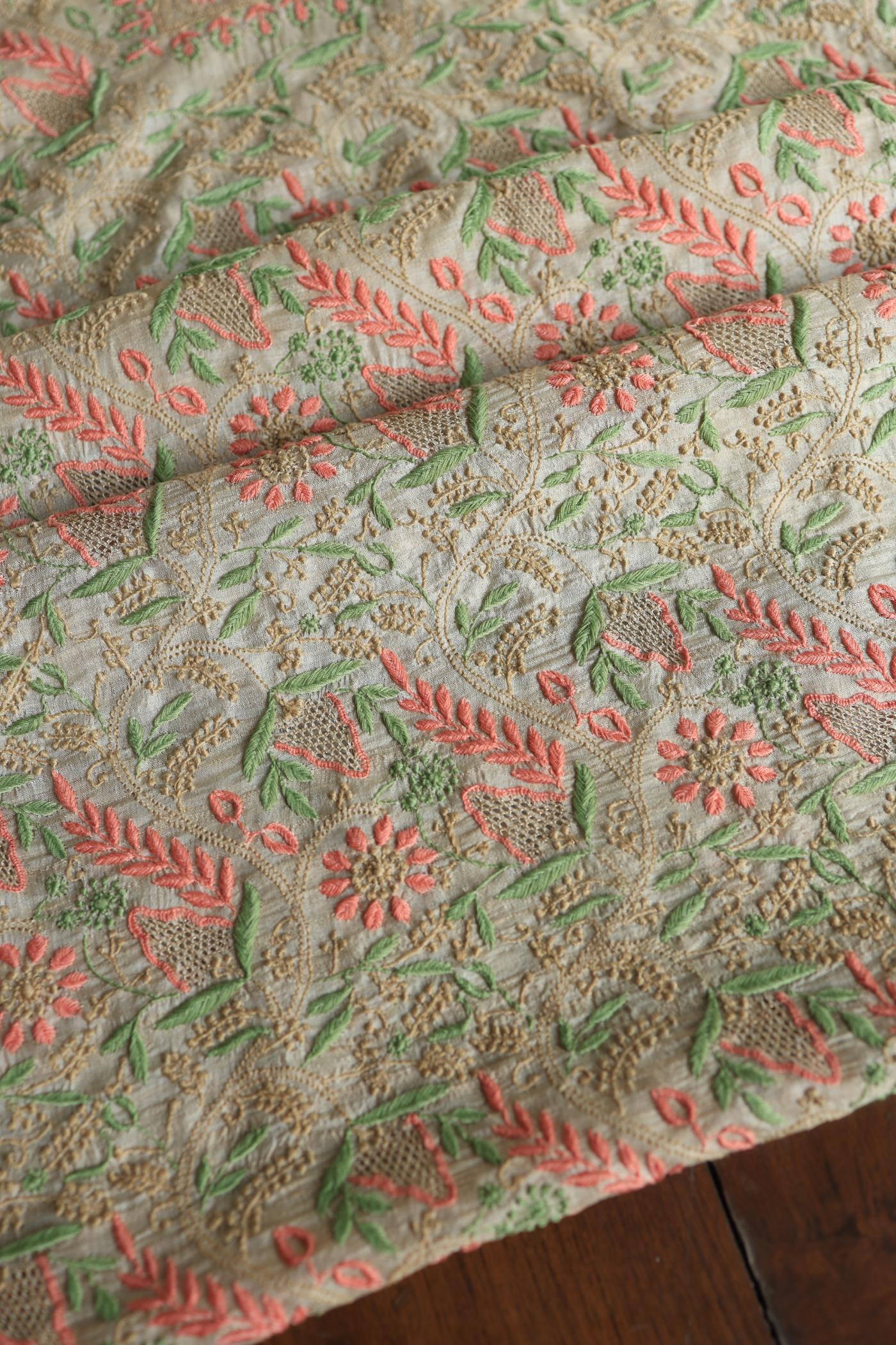Natural Shade Tussar Silk Chikankari Fabric