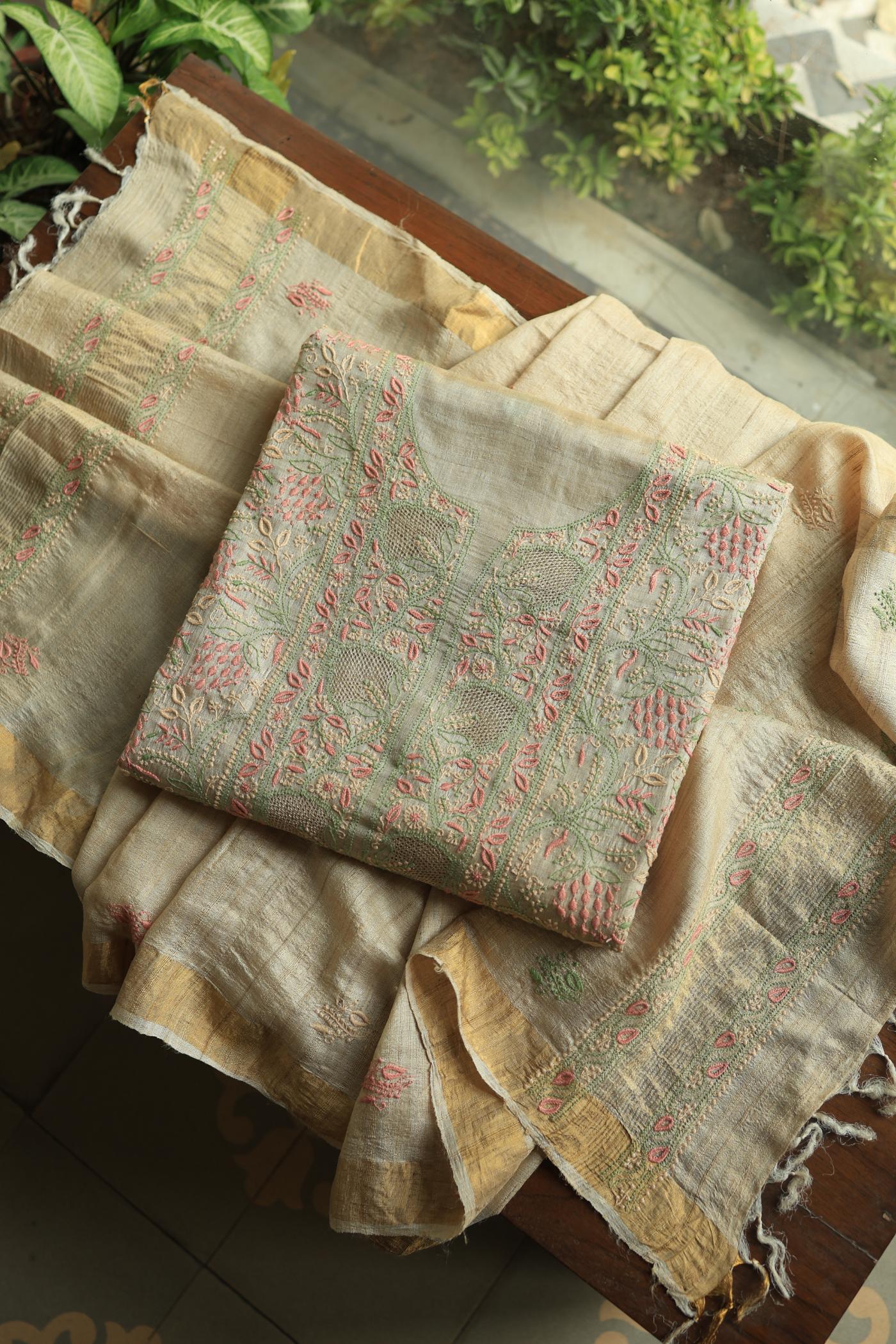 Natural Shade Tussar Silk Chikankari Fabric