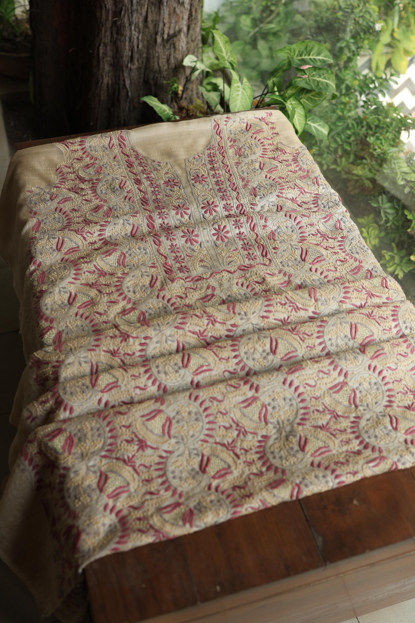 Natural Shade Tussar Silk Chikankari Fabric